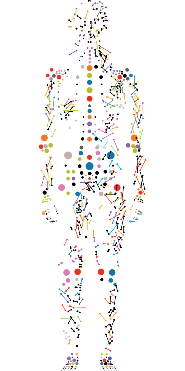 Human body made up of sticks and dots, representing its atoms and molecules