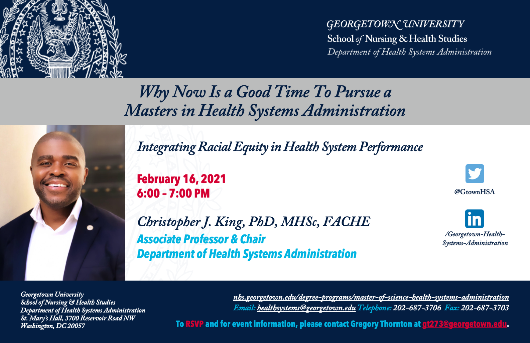 Banner for the event Why Now Is a Good Time To Pursue a Masters in Health Systems Administration fifth session Integrating Racial Equity in Health System Performance