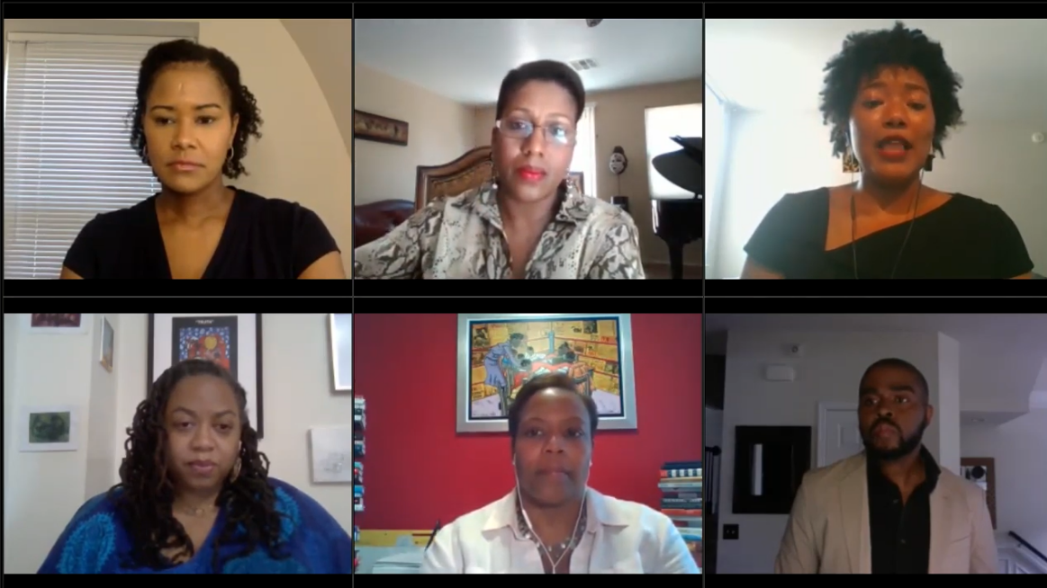 The Impact of COVID-19 on Black Americans event featuring Dr. Christopher King, Kaya Henderson, L. Toni Lewis, Charlene Tarver, and Soyica Diggs Colbert.